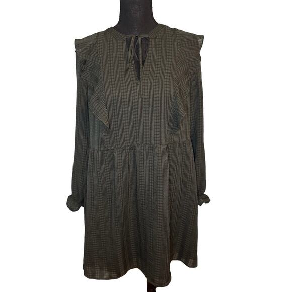 LOFT Green Textured Long Sleeve Ruffle Keyhole Neckline Dress - Picture 1 of 9